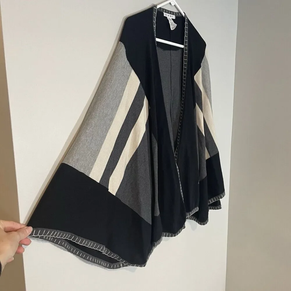 Cabi Sweater Poncho Gray Black Striped Oversized Wrap Colorblock Cotton One Size - Picture 4 of 9